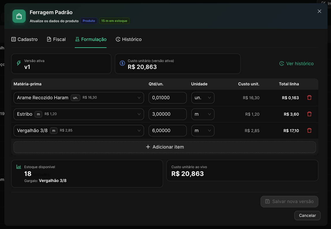 Tela de formulação do módulo Indústria
